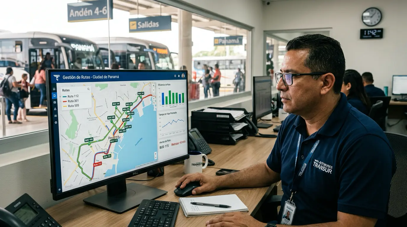 Gerente de flota analizando datos de rutas en una pantalla con dashboard de transporte