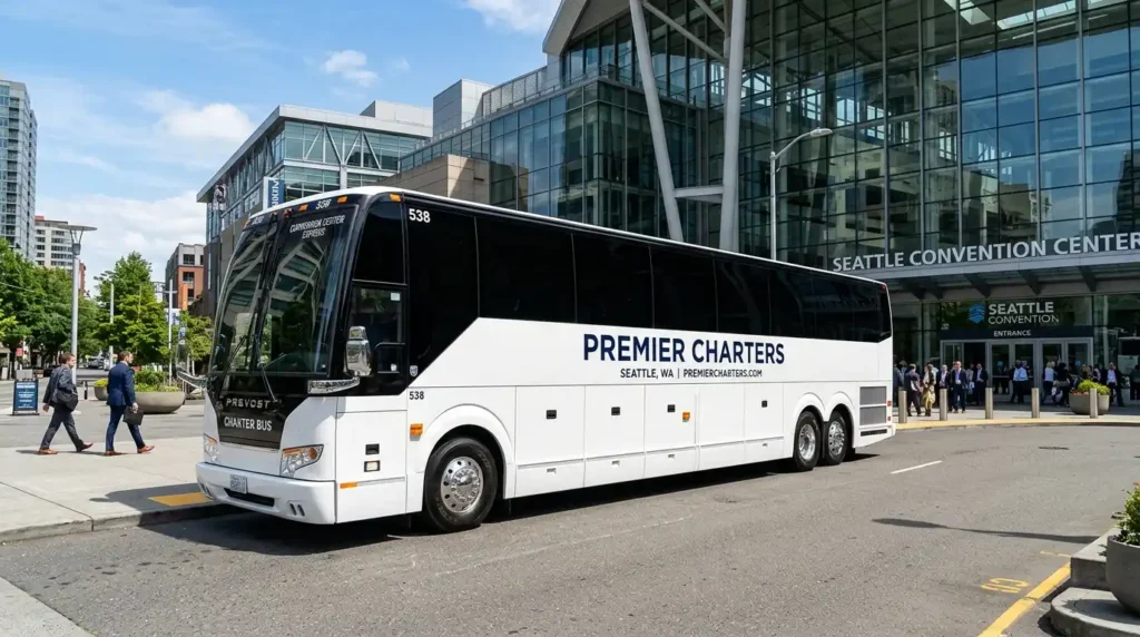 Full-size charter bus parked outside a convention center, charter bus cost guide