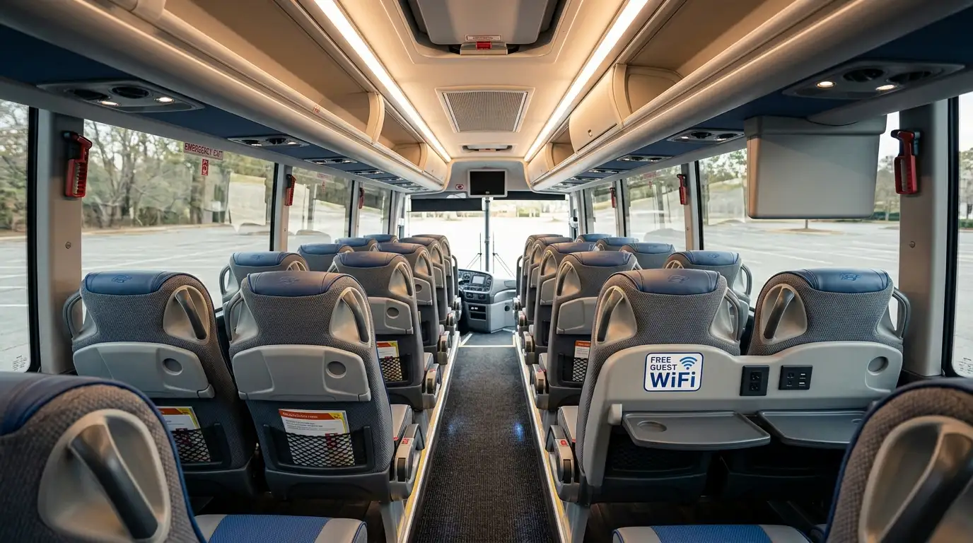 Interior of a modern charter bus showing reclining seats and onboard amenities