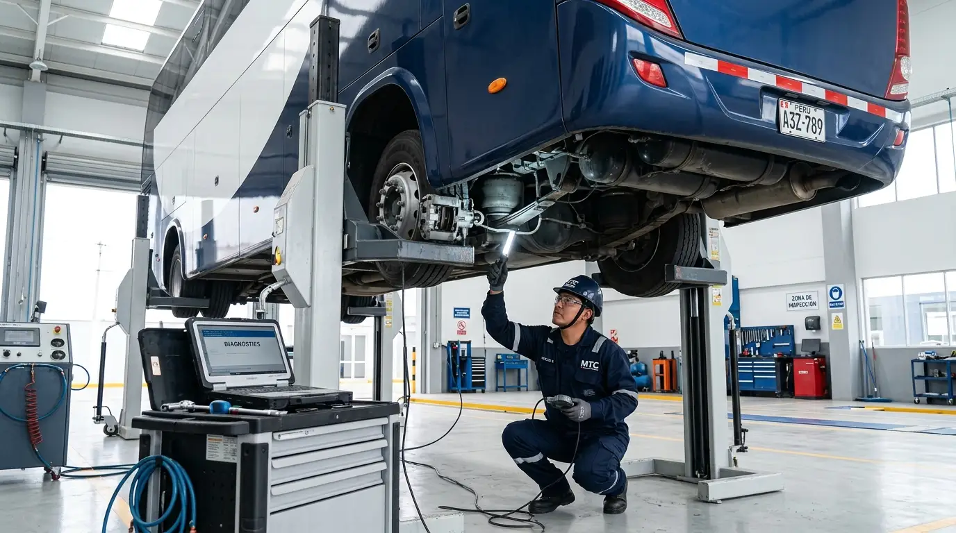 Bus interprovincial categoría M3 en proceso de revisión técnica vehicular en CITV autorizado