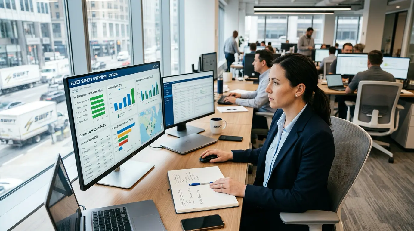 Fleet manager reviewing driver behavior monitoring dashboard with safety scores