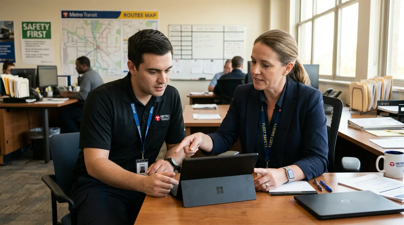 Fleet safety manager coaching a bus driver using performance data on a tablet