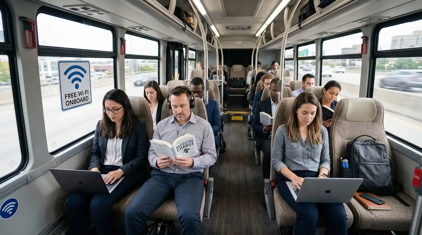 Corporate Transportation Solutions: How to Choose the Right Partner 2 Employees working during corporate shuttle commute, productive business transportation solution