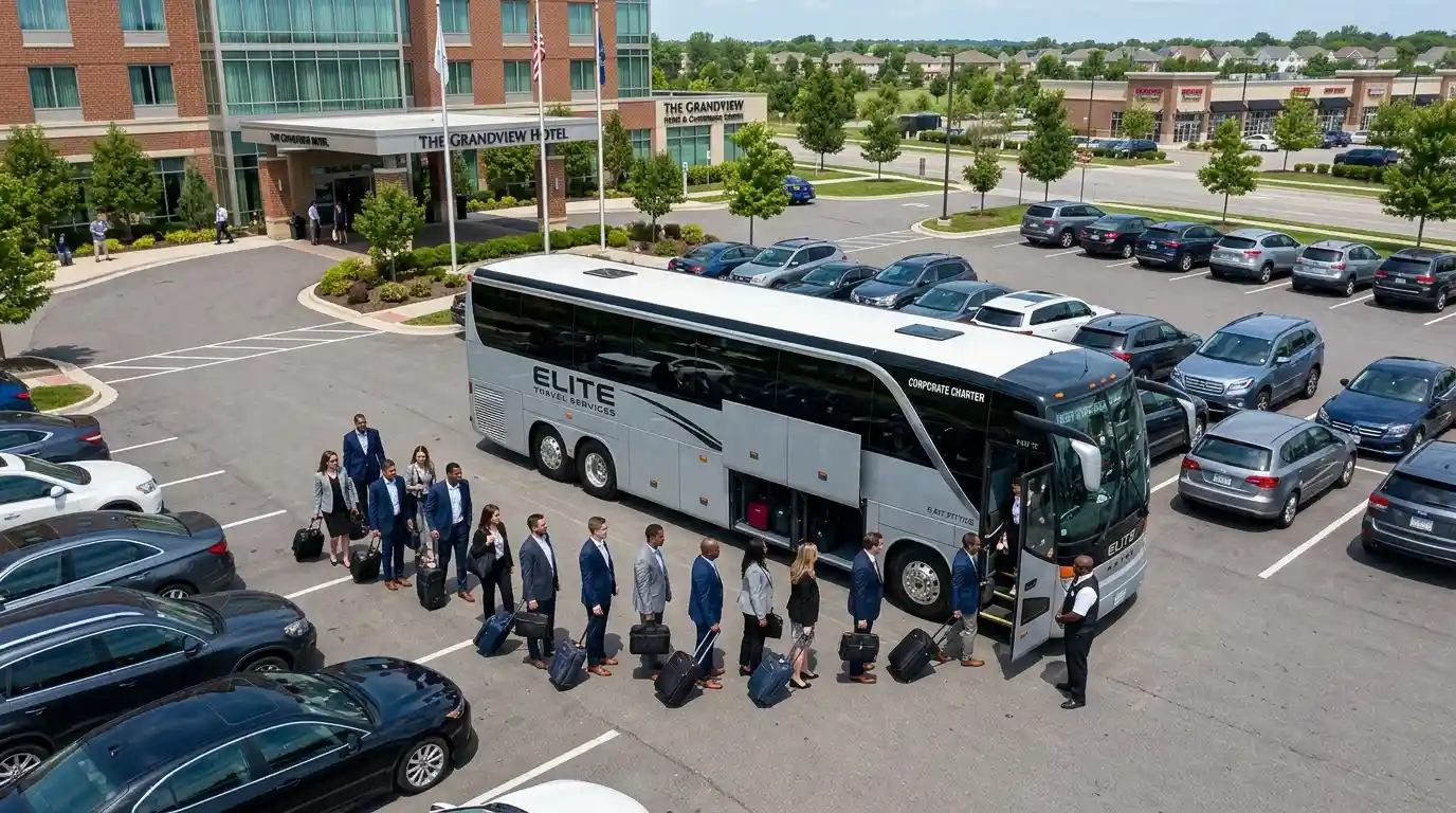 Group of professionals boarding a charter bus for a corporate trip
