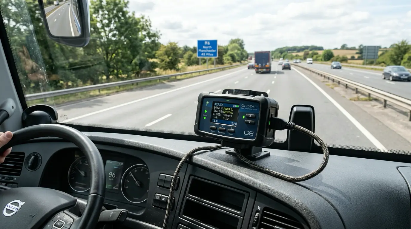 Telematics device installed on an intercity bus dashboard for driver monitoring