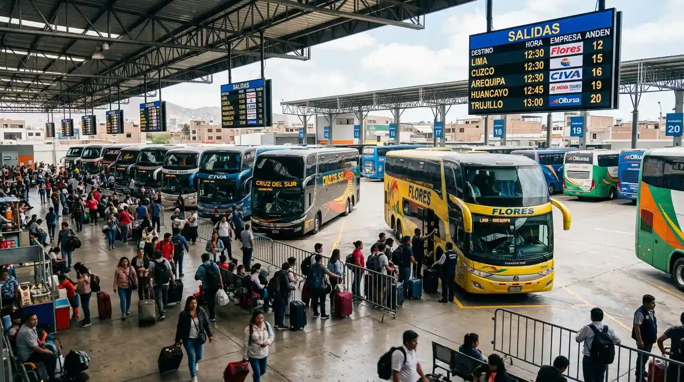 Terminal terrestre con buses interprovinciales estacionados y pasajeros abordando