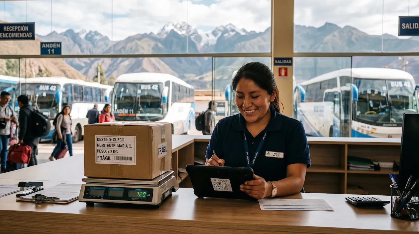 Trabajador en terminal de buses peruano registrando encomienda, trazabilidad en transporte interprovincial