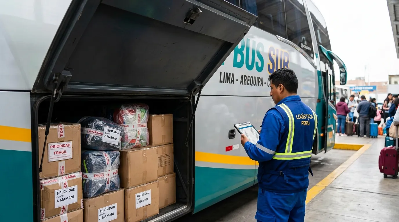 Bodega de un bus interprovincial con encomiendas etiquetadas y un operador revisando el manifiesto