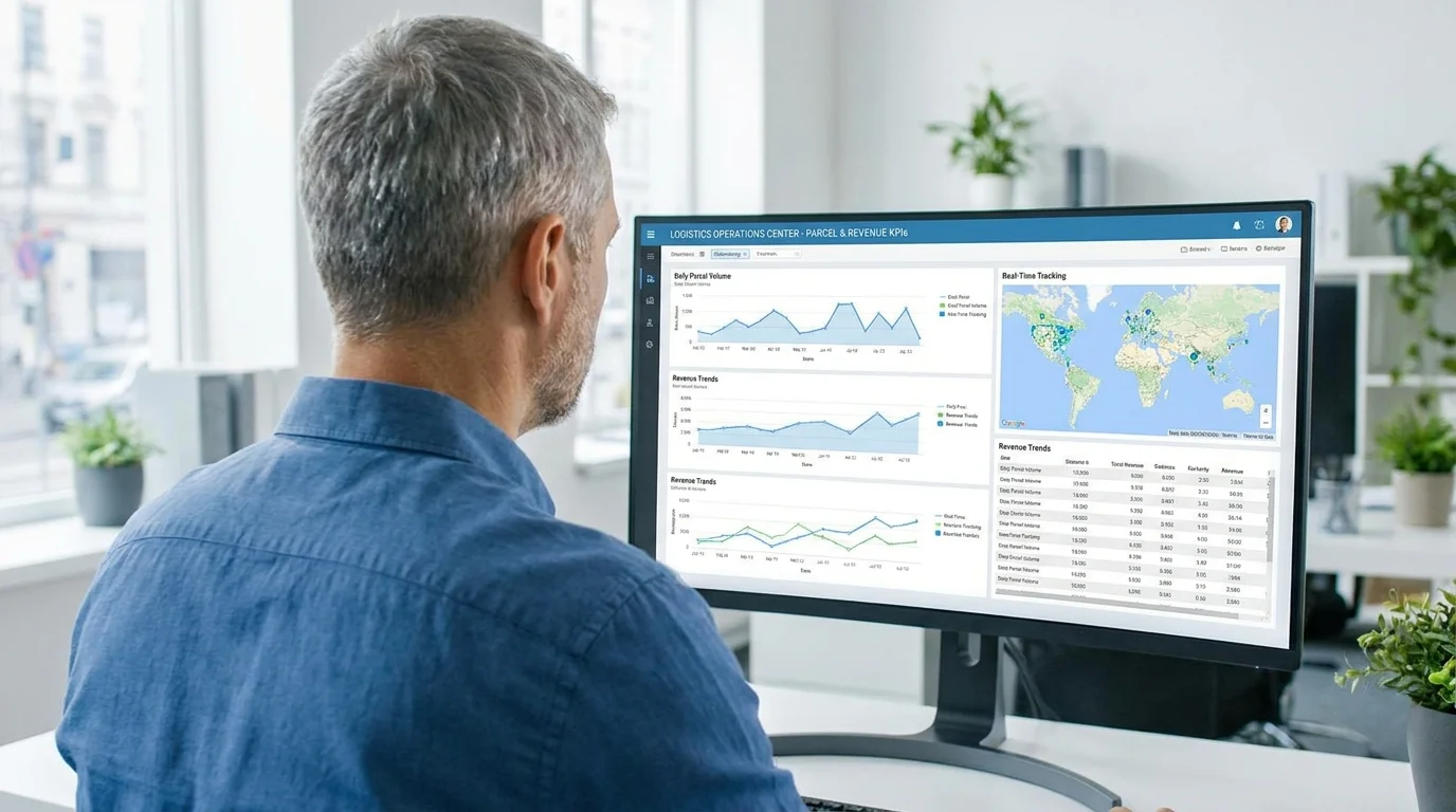 Gerente revisando indicadores de rentabilidad del servicio de encomiendas en un dashboard
