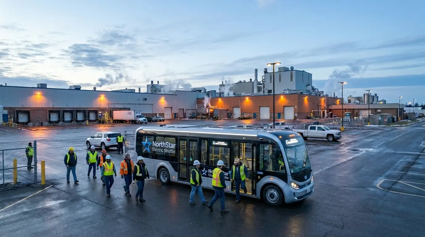 Shift workers disembarking from a company shuttle bus at a manufacturing plant, an example of employee transportation benefits in action