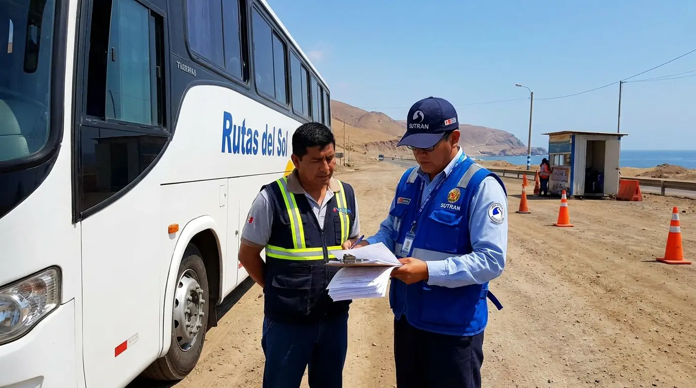 Inspector de SUTRAN fiscalizando un bus interprovincial en operativo de control