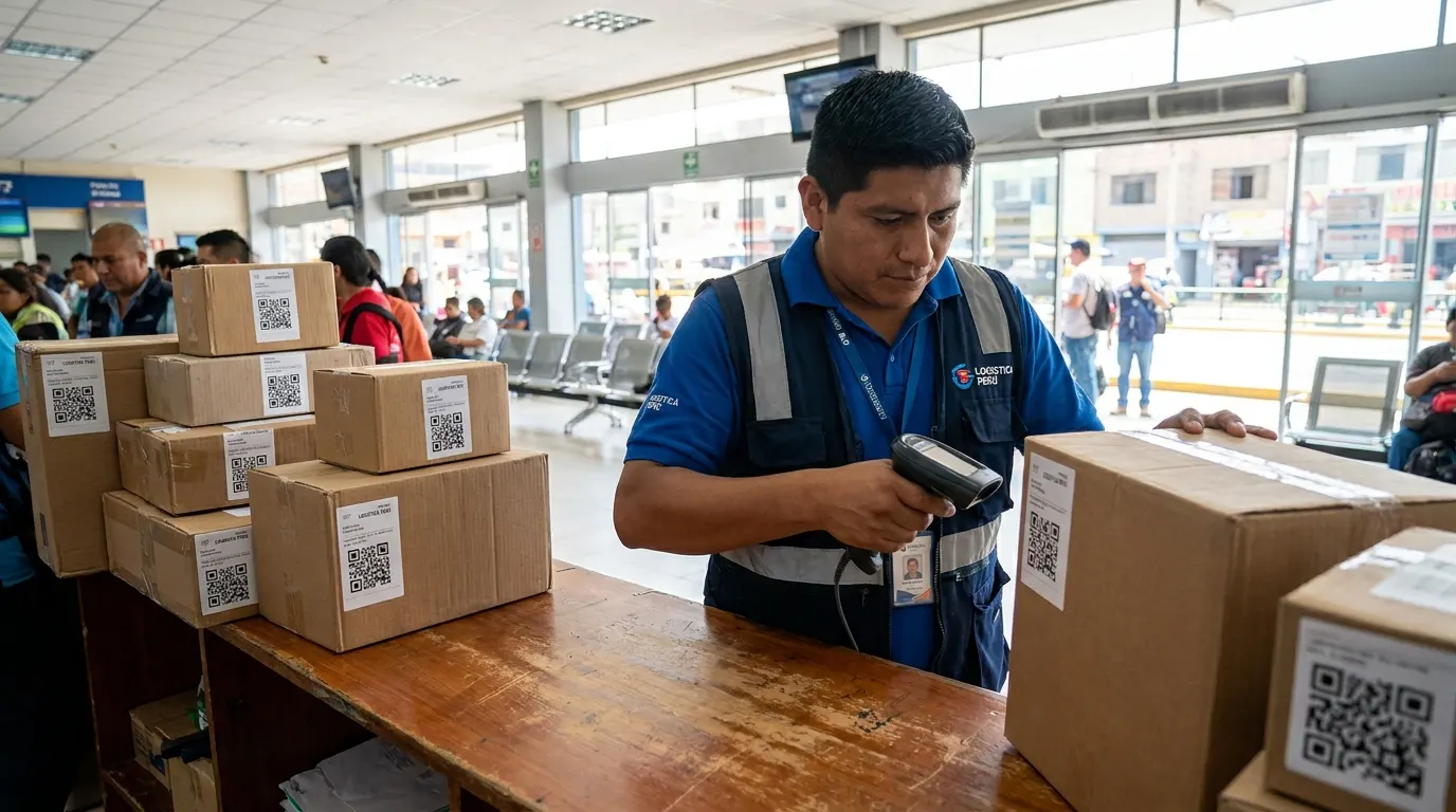 Operador escaneando una encomienda en un terminal de bus interprovincial en Perú