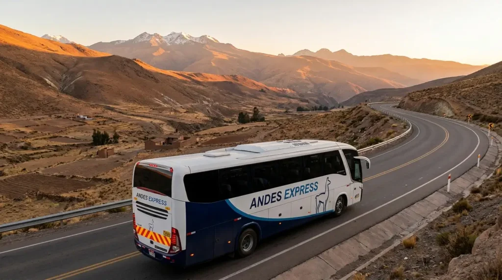 Bus interprovincial operando en carretera peruana con estándares de seguridad vial