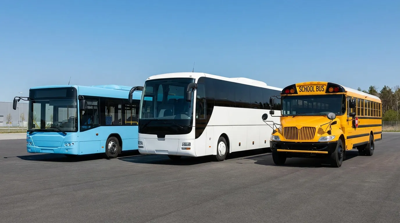 Comparison of three types of passenger buses: city transit bus, long-distance coach bus, and school bus