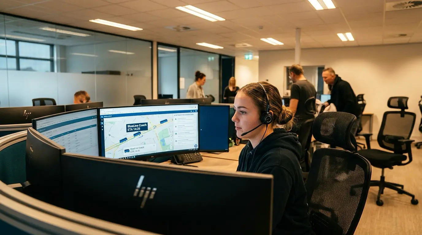 How AI Is Transforming Transportation and Fleet Operations 2 Fleet dispatcher monitoring AI route predictions and ETA forecasts on multiple screens