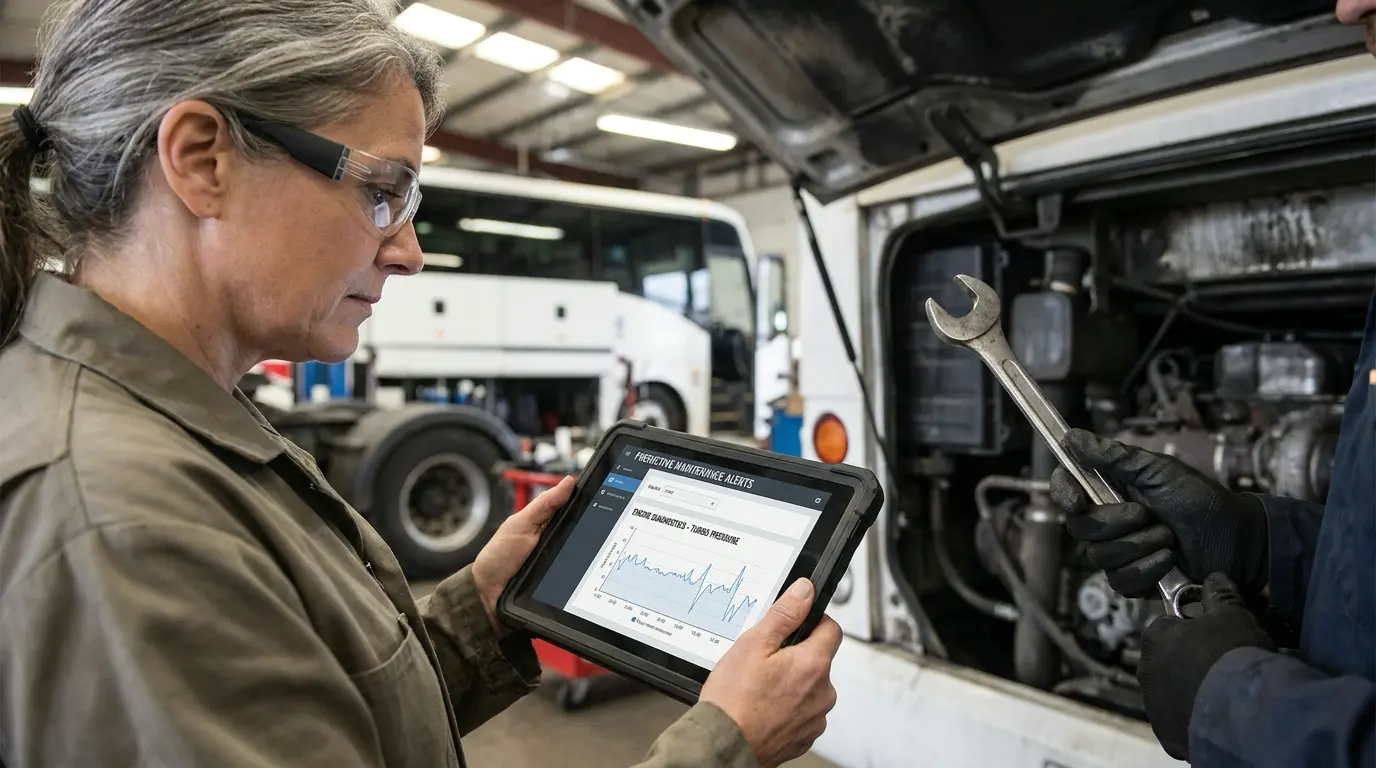 How AI Is Transforming Transportation and Fleet Operations 1 Mechanic reviewing AI predictive maintenance data on a tablet next to a coach engine