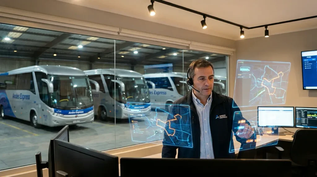 Fleet operations manager reviewing AI-driven transportation data in a depot control room