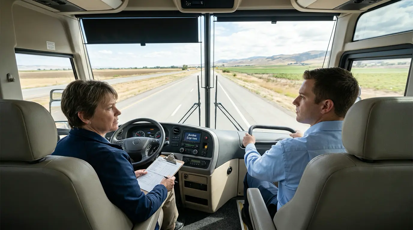 What Does a Bus Driver Training Program Include? 2 Behind-the-wheel training with certified instructor evaluating a trainee driver