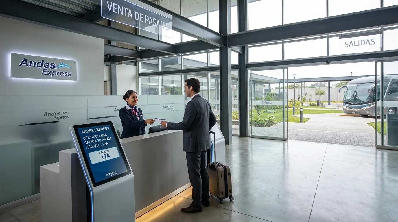 Cómo implementar el boleto electrónico en el transporte de pasajeros 1 Counter moderno emitiendo boleto electrónico a un pasajero en una empresa de transporte interprovincial