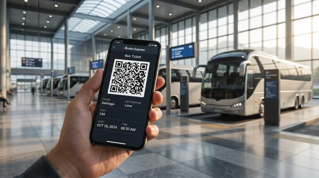 Pasajero mostrando boleto electrónico con código QR en su celular frente a un terminal de buses moderno