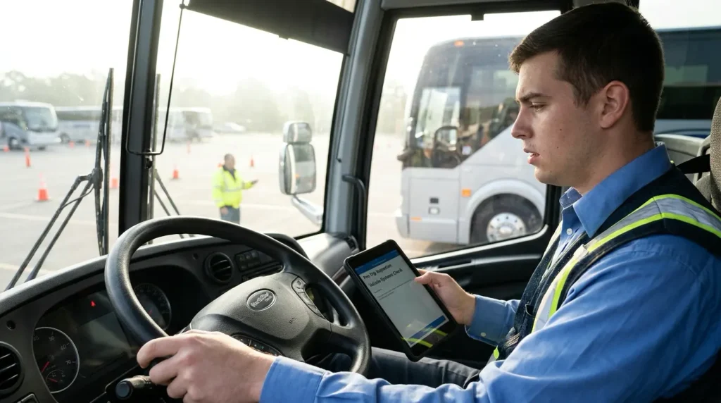 New bus driver candidate reviewing pre-trip checklist during training
