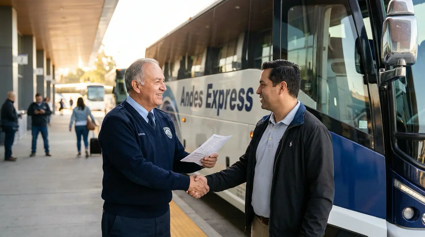 How to Plan Group Travel by Bus: A Step-by-Step Guide 2 Group leader handing the trip itinerary to a charter bus driver before departure