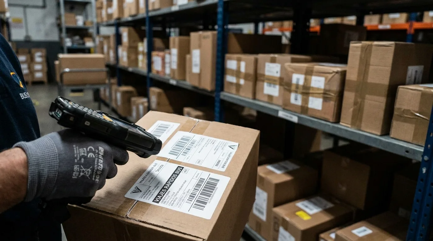 Cómo digitalizar una empresa de transporte de pasajeros 2 Operador escaneando una encomienda con código de seguimiento en empresa de transporte