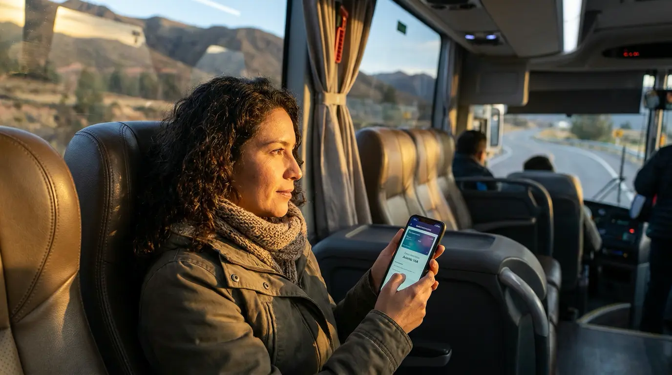 Pasajera revisando su boleto electrónico en un bus interprovincial moderno