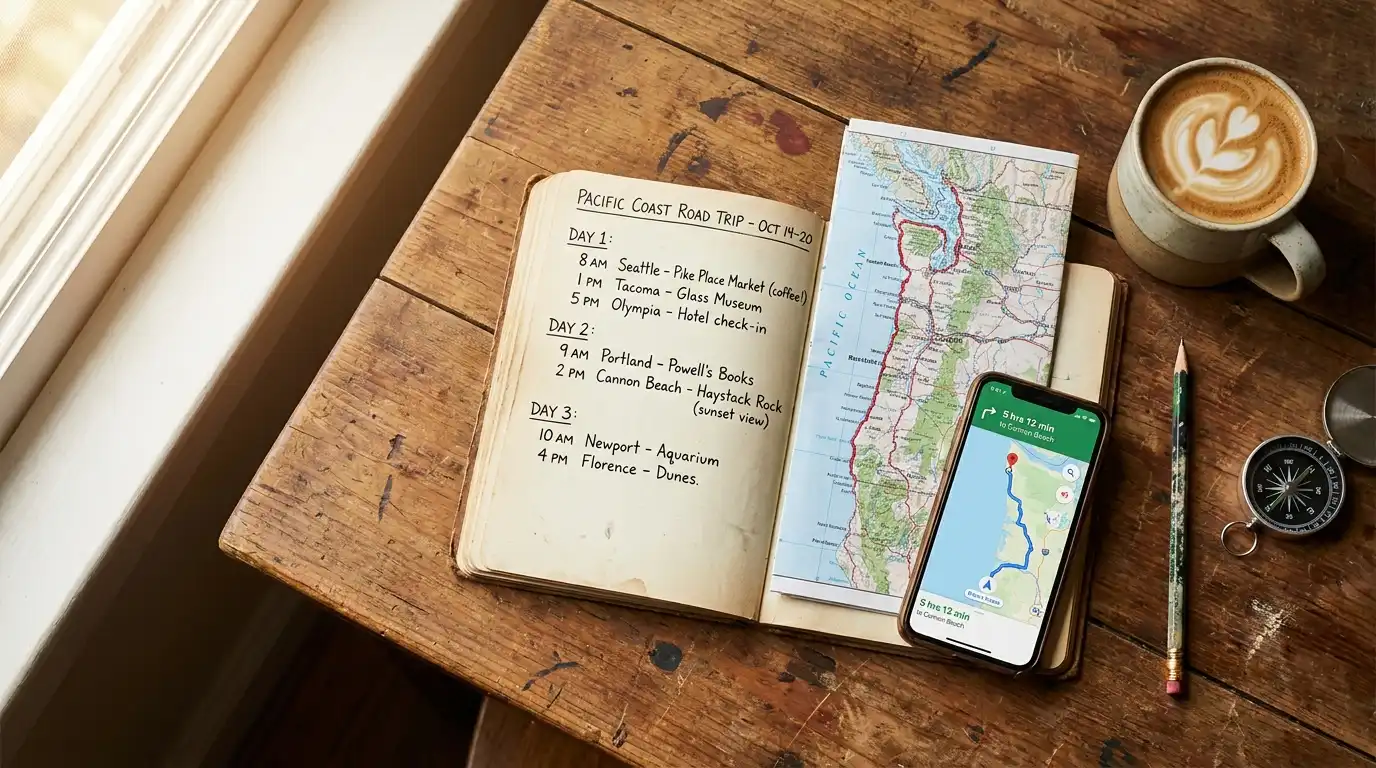 How to Plan Group Travel by Bus: A Step-by-Step Guide 1 Trip organizer's notebook with handwritten group travel itinerary, map and phone