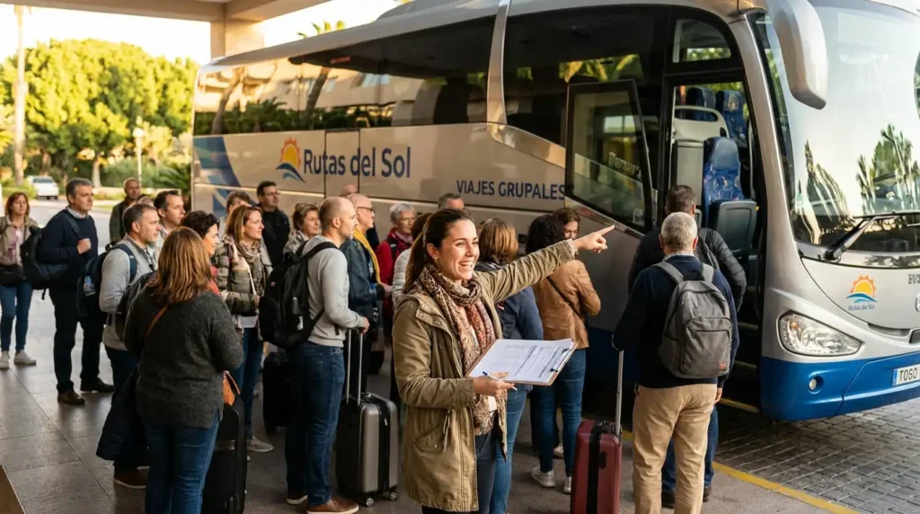 Group travel organizer coordinating passengers boarding a charter bus at a hotel pickup point