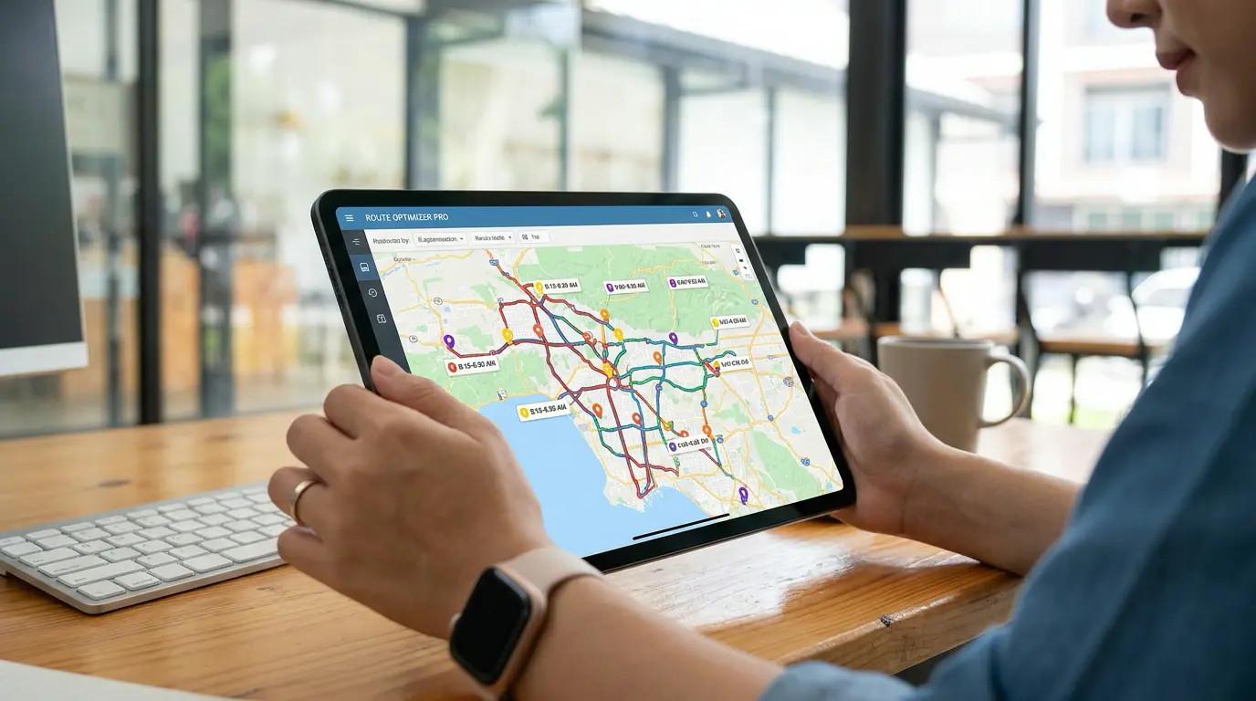 Route planning software displaying optimized bus routes on a tablet screen