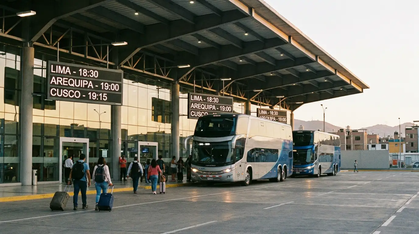 Cómo digitalizar una empresa de transporte de pasajeros 1 Terminal de transporte interprovincial peruano con flota de buses lista para salida
