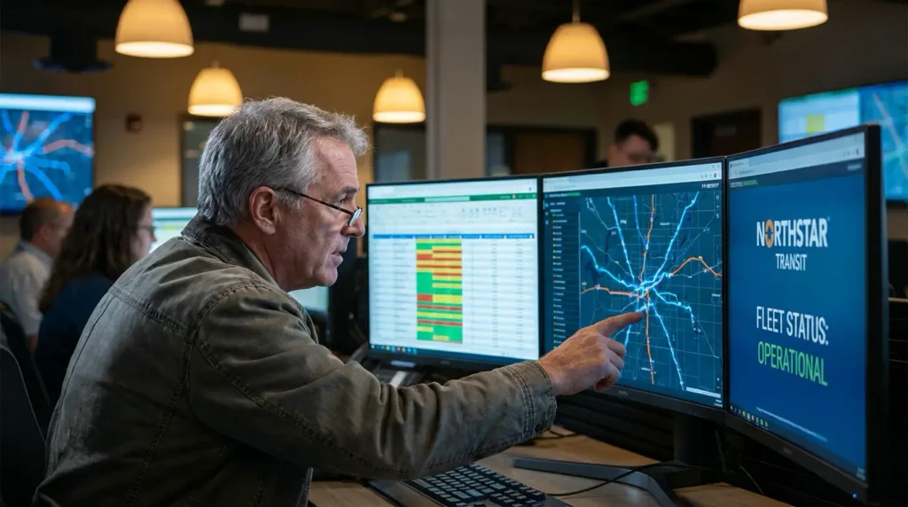 Bus fleet dispatcher reviewing route optimization data on multiple monitors