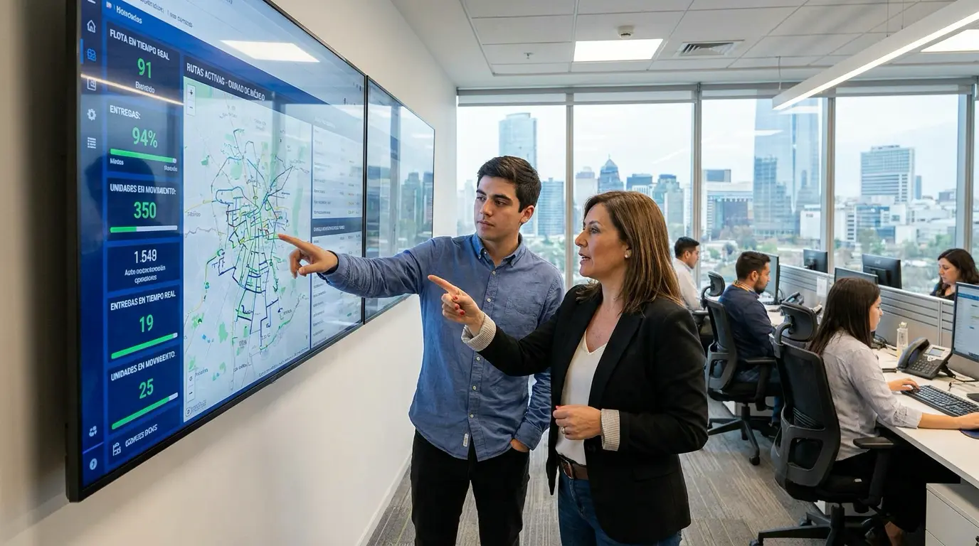 Gestión de flota vehicular con software especializado 2 Equipo de operaciones monitorea el control de flotas en un dashboard con KPIs en tiempo real