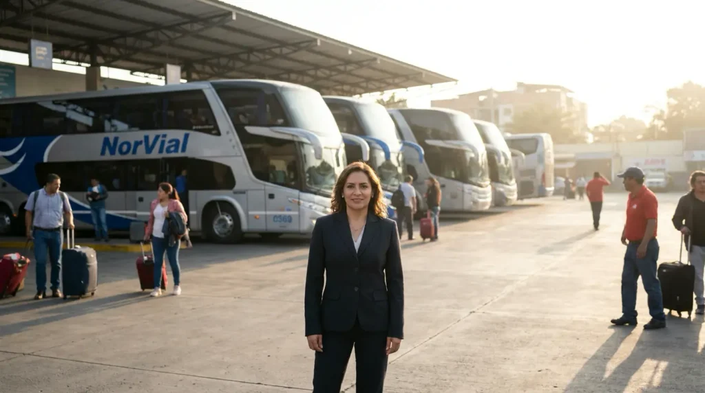 Empresaria frente a la flota de buses de su empresa de transporte interprovincial