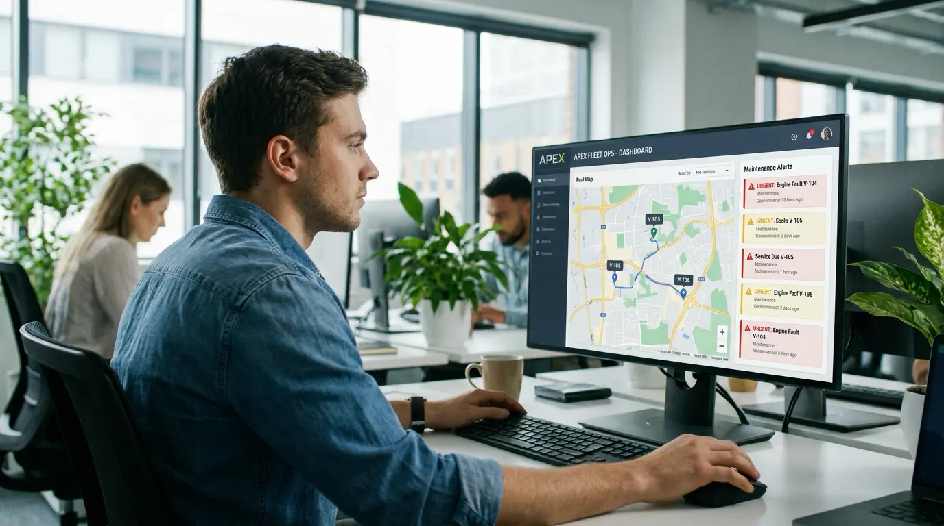 What Is Fleet Management? 1 Analyst monitoring vehicle locations and maintenance alerts in a fleet management system