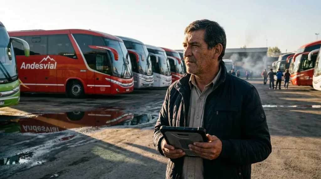 Jefe de operaciones gestiona la flota vehicular con software desde una tablet en el patio de buses