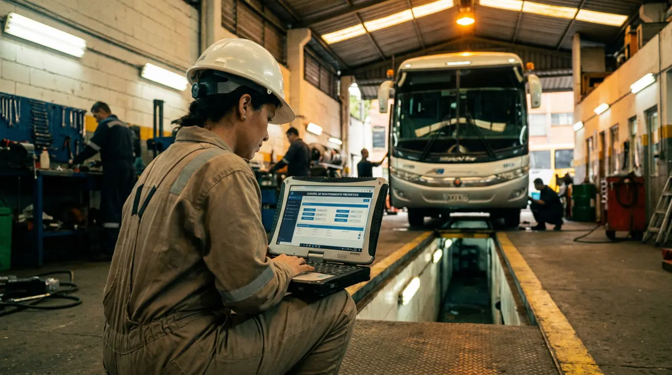 Gestión de flota vehicular con software especializado 1 Encargada de mantenimiento revisa el plan preventivo de la flota en un software especializado