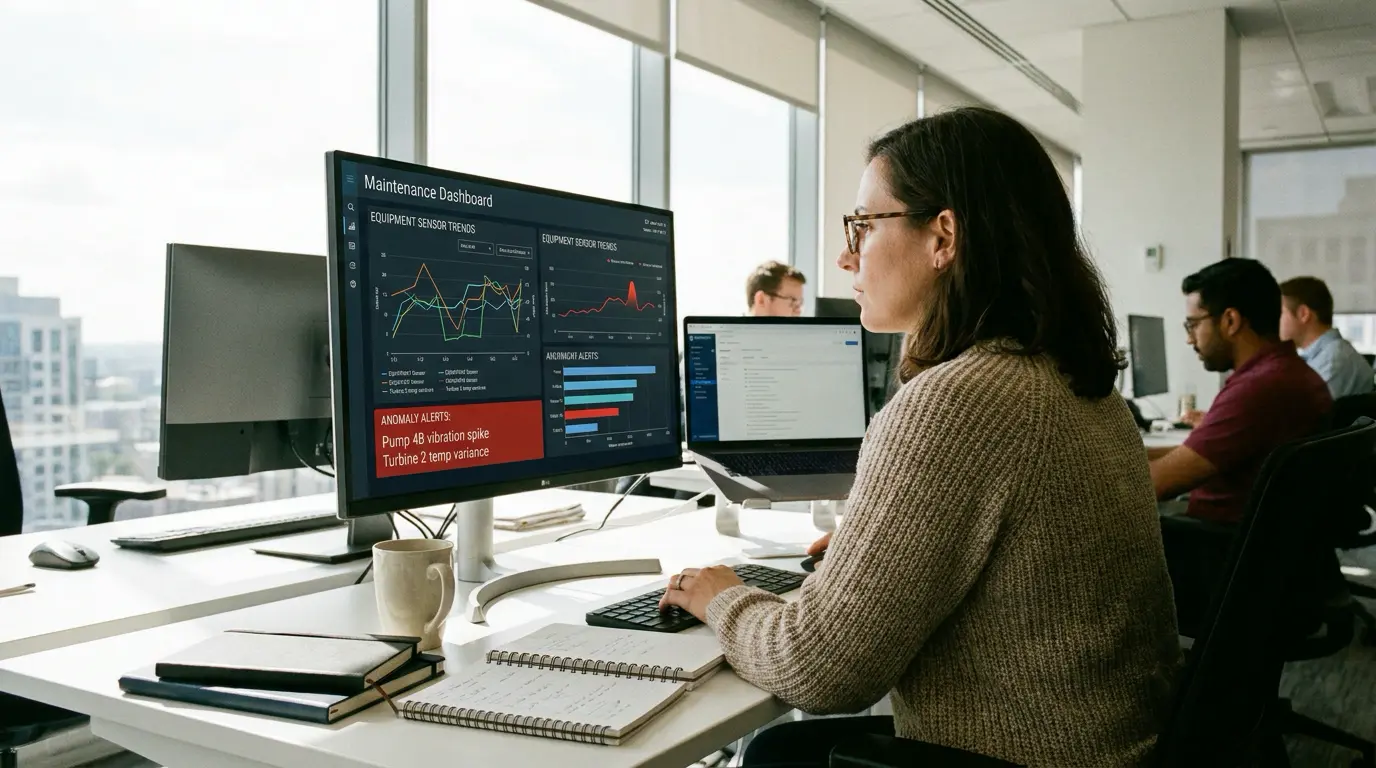 What Is Predictive Maintenance? 1 Analyst monitoring sensor trends and failure predictions on a predictive maintenance dashboard