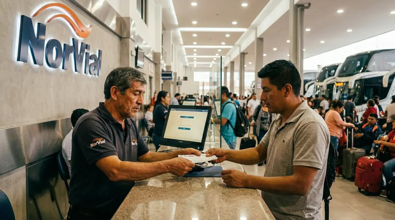 Venta de pasajes en la boletería de una empresa de transporte interprovincial