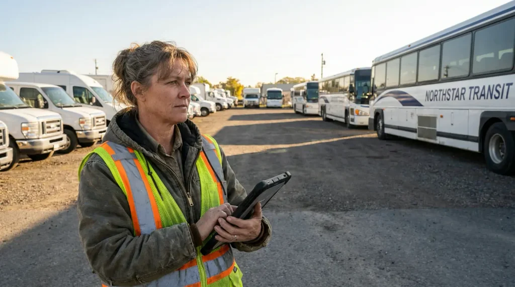 Fleet manager reviewing her vehicles in the yard using a fleet management system