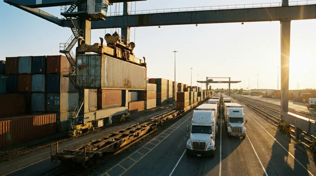 Crane transferring a shipping container between truck and rail at an intermodal terminal