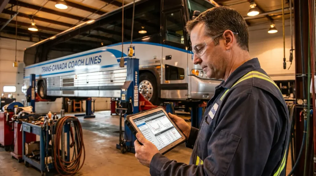 Technician reviewing predictive maintenance diagnostics on a coach in a maintenance bay