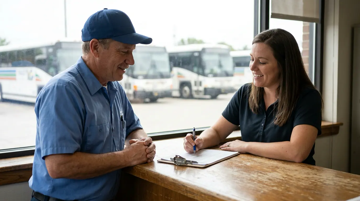 Dispatcher briefing a coach driver on a run assignment at the depot counter