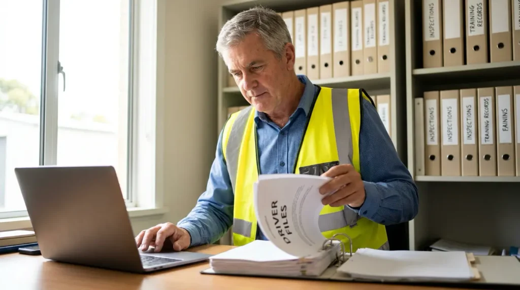 Safety manager reviewing driver qualification files as part of DOT compliance recordkeeping
