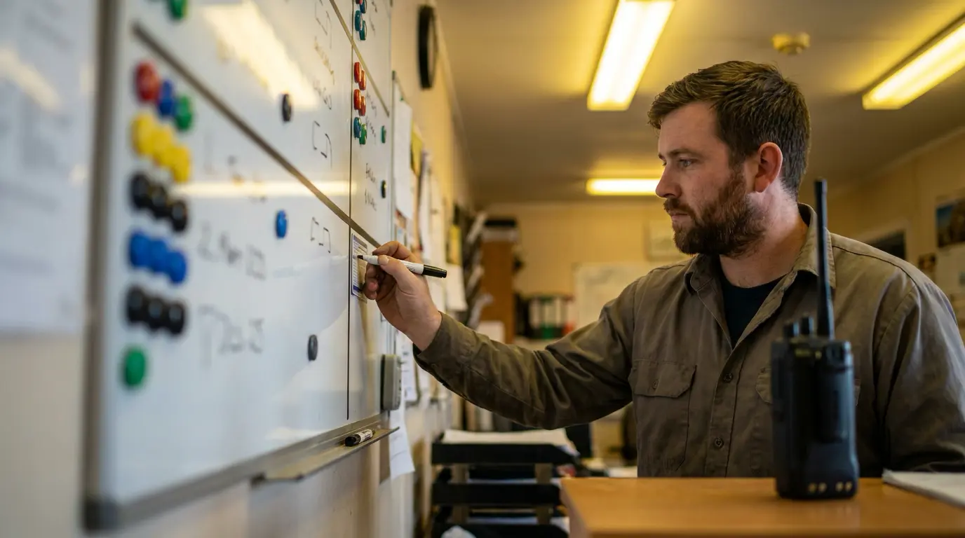 Dispatcher adjusting driver assignments on a depot board to cover an uncovered run