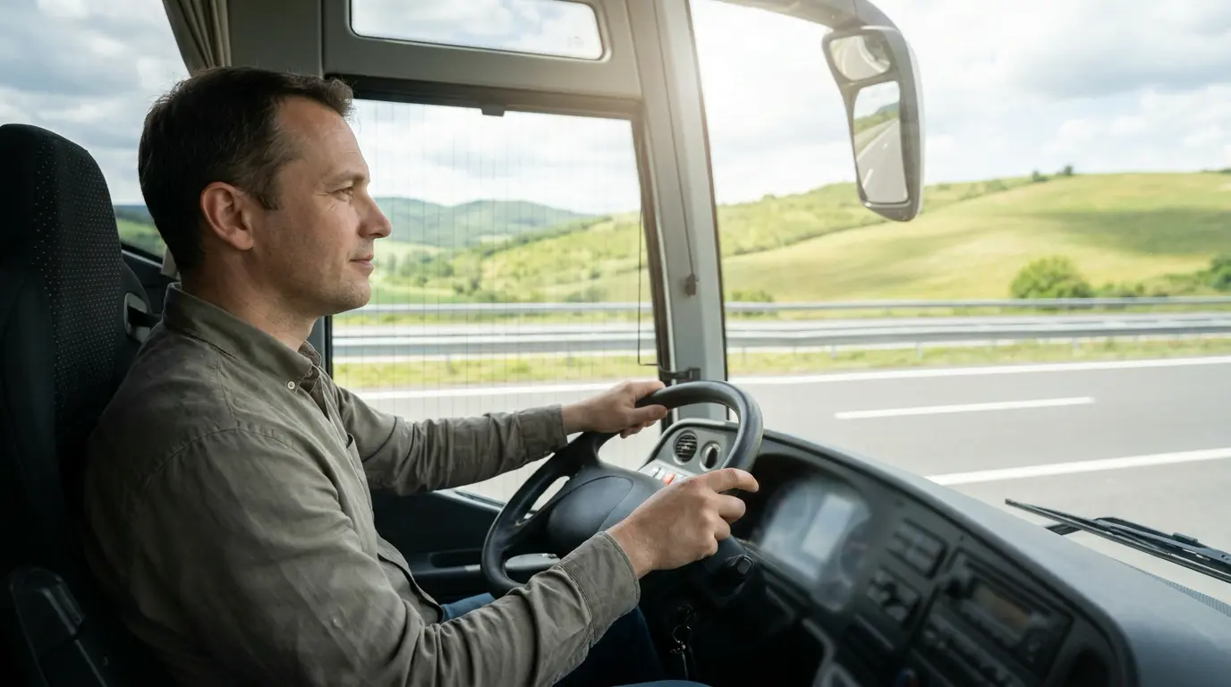 Sustainable Fleet Management: How to Reduce Your Carbon Footprint 2 Coach driver maintaining steady cruise speed on a highway to reduce fuel consumption