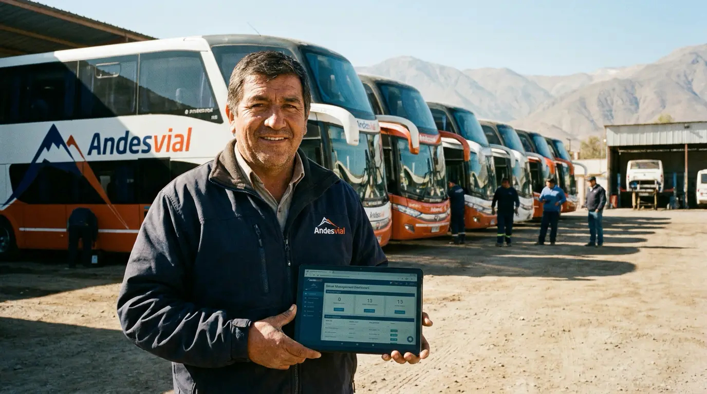 Gerente de flota revisa el estado de sus conductores desde una tablet junto a sus buses