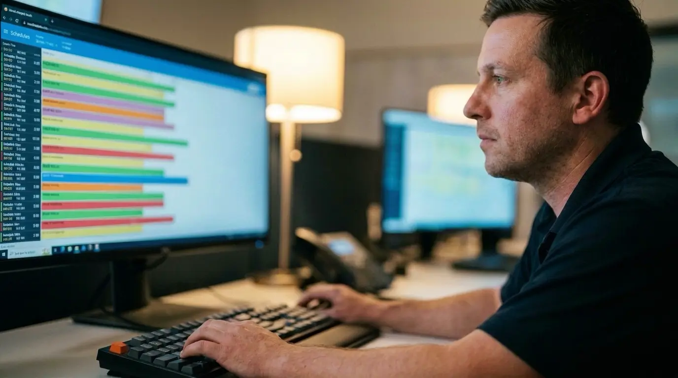 Dispatcher tracking on-time performance and departures on a control room screen
