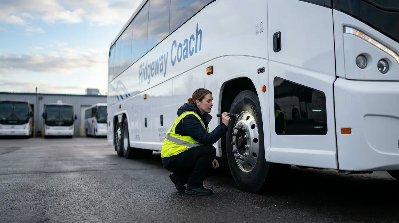 Driver performing a pre-trip inspection on a motorcoach before completing a DVIR